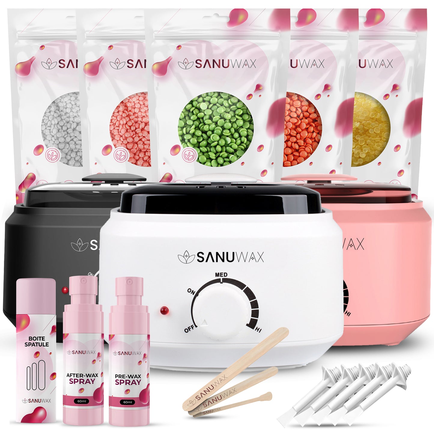 Sanu Wax Home Waxing Kit Black: Digital Wax Warmer Kit for Brazilian Bikini Coarse Hair Removal with 14oz Hard Wax Beads for Eyebrow, Legs, Armpit, Face, and Pre & After Wax Spray