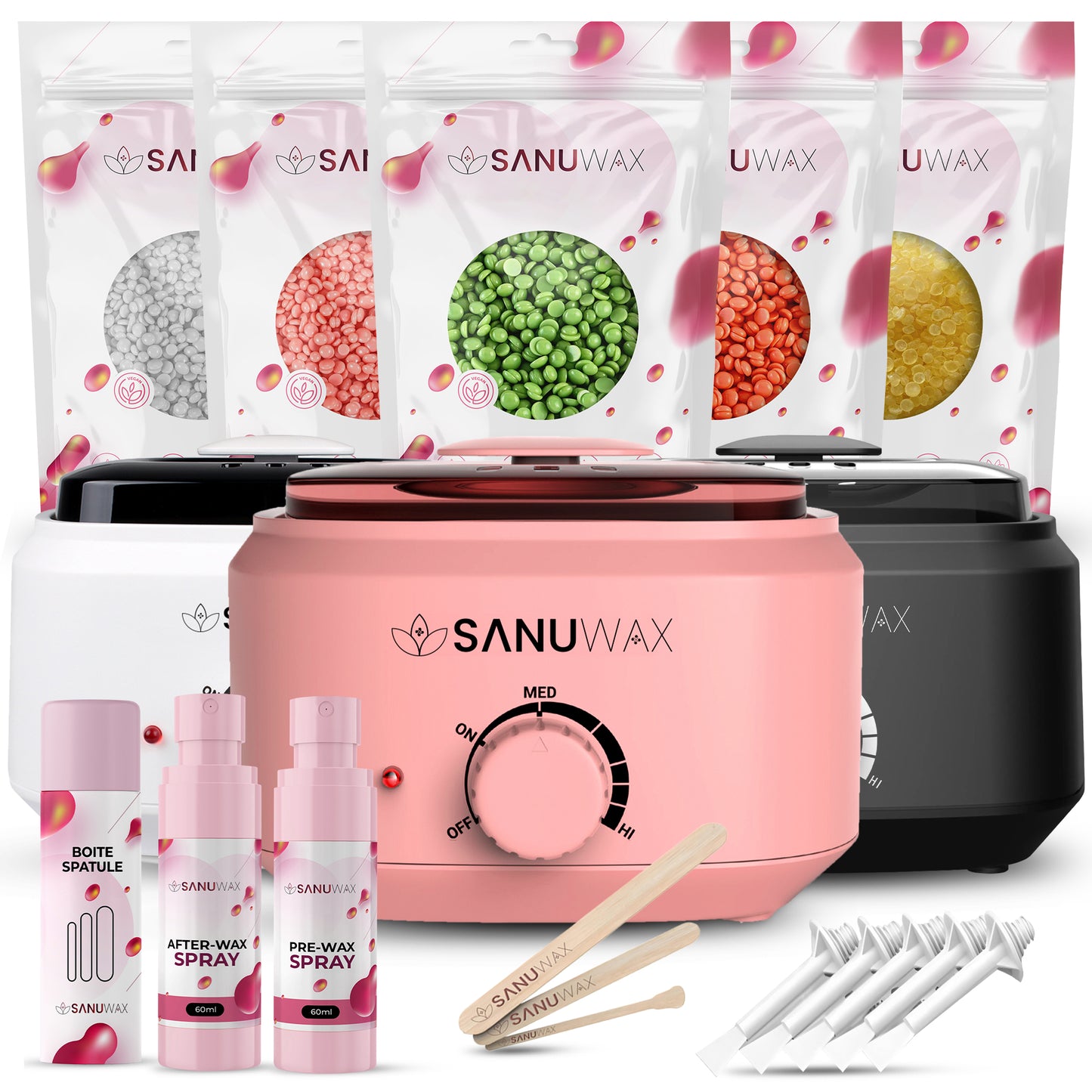 Sanu Wax Home Waxing Kit Black: Digital Wax Warmer Kit for Brazilian Bikini Coarse Hair Removal with 14oz Hard Wax Beads for Eyebrow, Legs, Armpit, Face, and Pre & After Wax Spray
