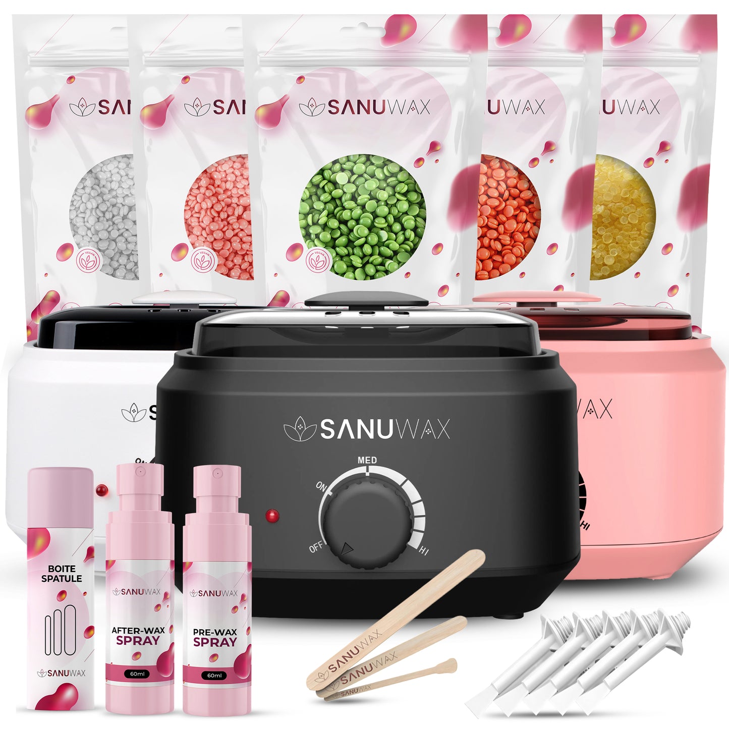 Sanu Wax Home Waxing Kit Black: Digital Wax Warmer Kit for Brazilian Bikini Coarse Hair Removal with 14oz Hard Wax Beads for Eyebrow, Legs, Armpit, Face, and Pre & After Wax Spray