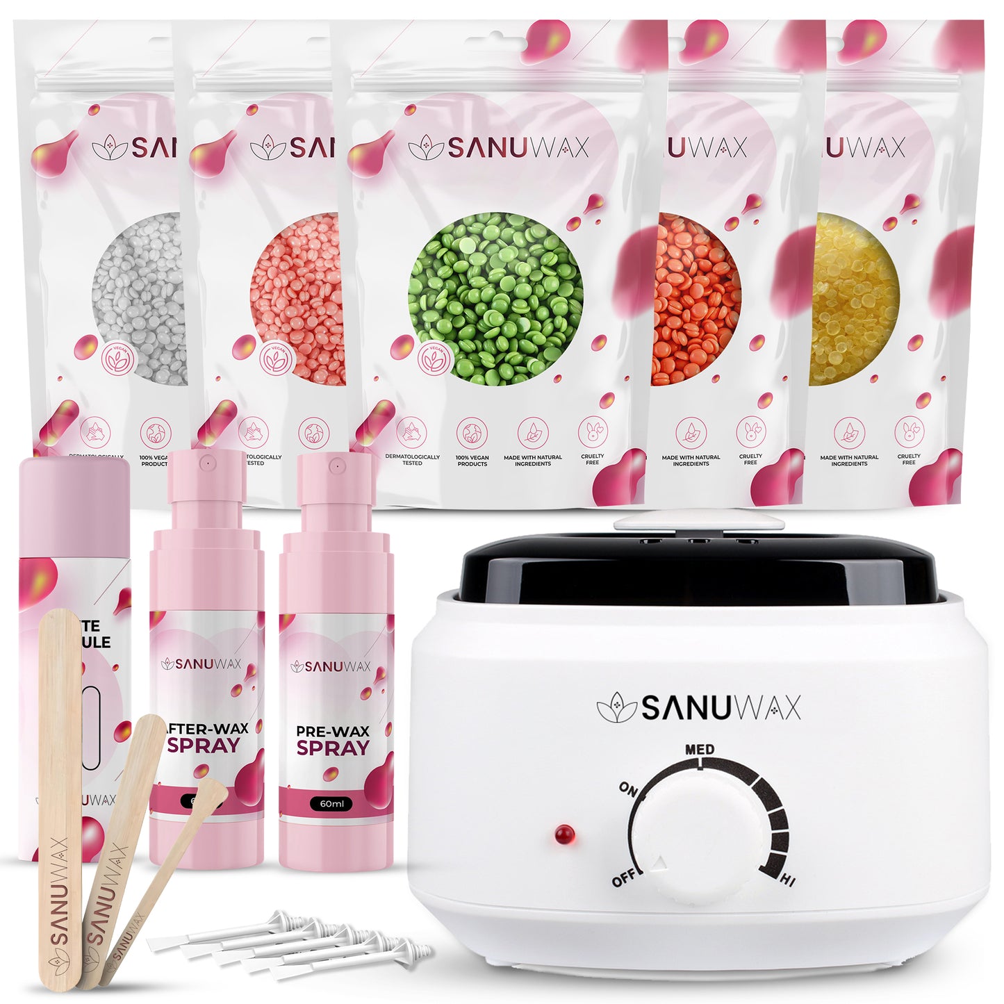 Sanu Wax Home Waxing Kit Black: Digital Wax Warmer Kit for Brazilian Bikini Coarse Hair Removal with 14oz Hard Wax Beads for Eyebrow, Legs, Armpit, Face, and Pre & After Wax Spray